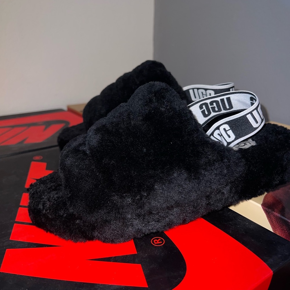 UGG Black Fluffy Slippers
